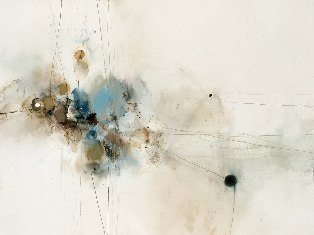 Abstract painting: threads leaving one dense origin and landing far apart