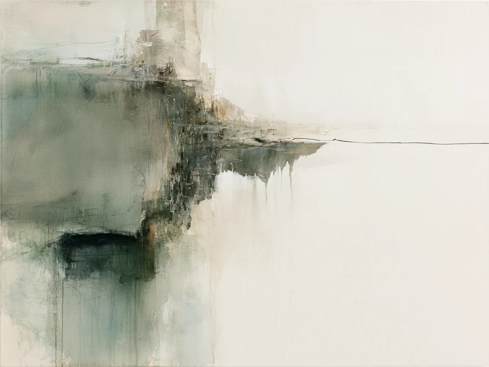 Abstract painting: a heavy mass cut by the frame, one thread passing it